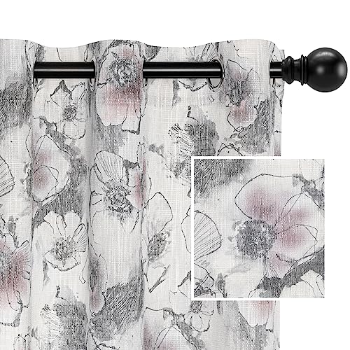 Image of MYSKY HOME Curtains 63 Inch 2 Panels Length Floral Light Filtering Curtains for Living Room Pattern Light Privacy Cotton Burlap Effect Drape Window Treatments Grommet, Pink and Grey