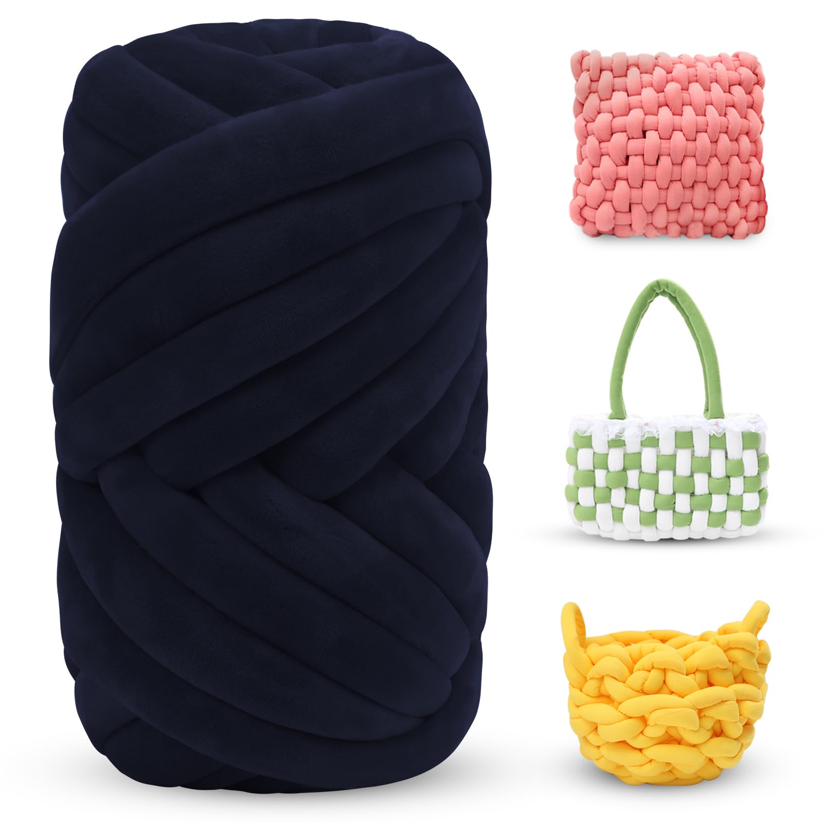 LEREATI Thick Chunky Yarn for Arm Knitting Jumbo Tube Soft Chunky Knit Blanket Velvet Yarn for Crocheting Handbags Hand Knitting Pet Bed Rugs Pillows Crafts (250g, Dark Blue)