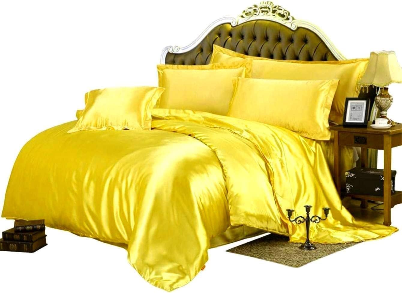 Hotel Luxury Silk Satin 5 Piece Comforter Set- All Season Comforter, Flat Sheet, Fitted 18 inch Deep Pocket, Pillowcases, Yellow Bedding Sets for Full Size Bed