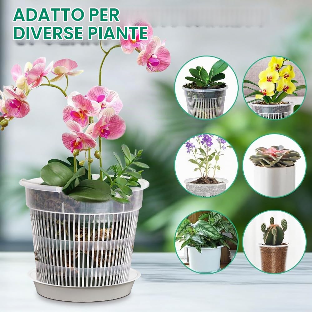 10 Pz Vasi Trasparenti per Orchidee con 10 Vassoi, 14/16cm Vaso per Orchidee in Plastica Trasparente Vasi per Orchidee Trasparenti con Foro per Drenaggio Vasi in Plastica per Piante e Rinvaso