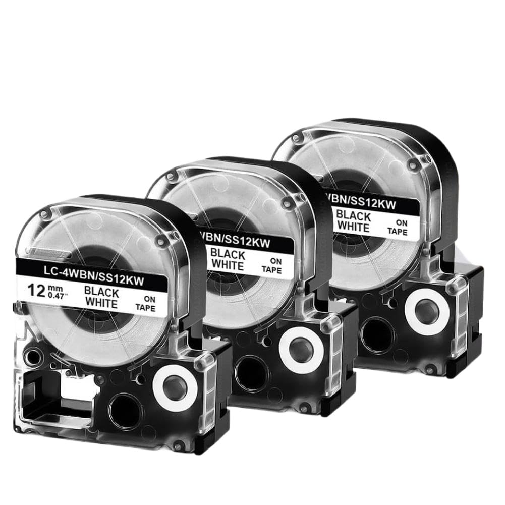 Nastro per etichette nero su bianco da 3 pezzi da 12 mm compatibile con l'etichettatrice LK-4WBN e i modelli di stampante LW-400 sostitutivi aftermarket(3PK Black on White)
