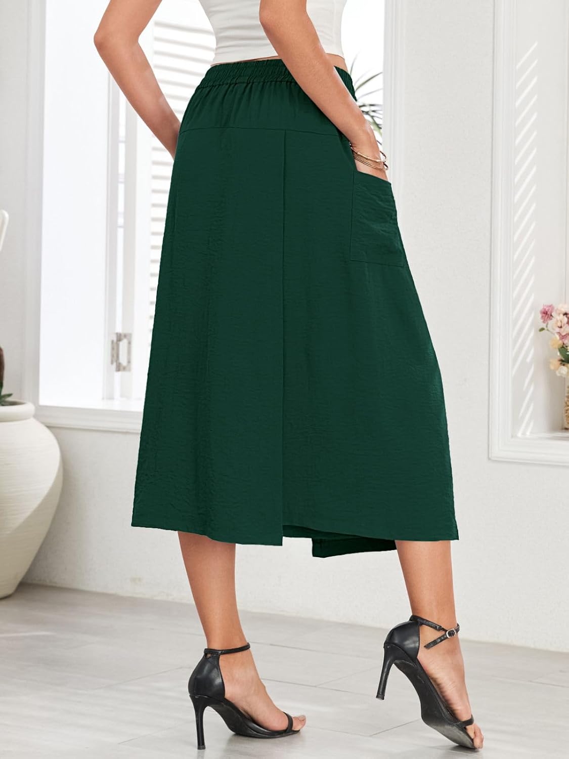 Women's High-Waisted Relaxed Fit Capri Culottes Flowy Palazzo Pants with Practical Pockets Skirt Pant, Dark Green, S - Image 4