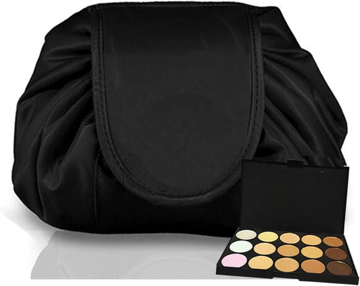 Drawstring Makeup Bag ‘Lazy’ Cosmetics Makeup Pouch Storage Organiser for Women & Girls (Black) - From Flat Makeup Bag to Structured Travel Makeup Bag in Seconds Inc 15pc Makeup Contour Palette