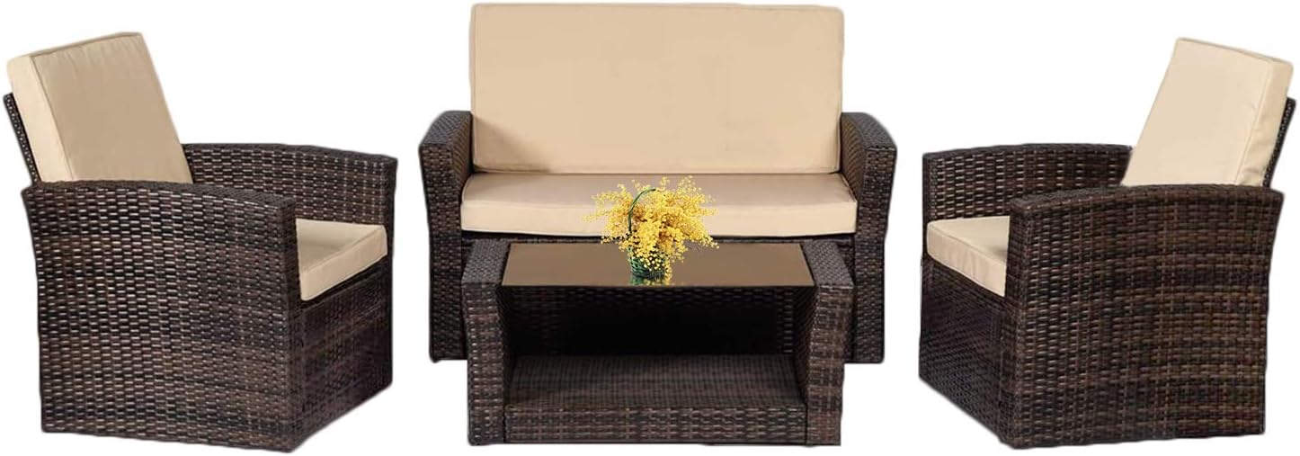 4 Pieces Outdoor Patio Furniture Sets Sectional Sofa Rattan Chair Wicker Conversation Set Outdoor Backyard Porch Poolside Balcony Garden Furniture with Coffee Table (Brown)