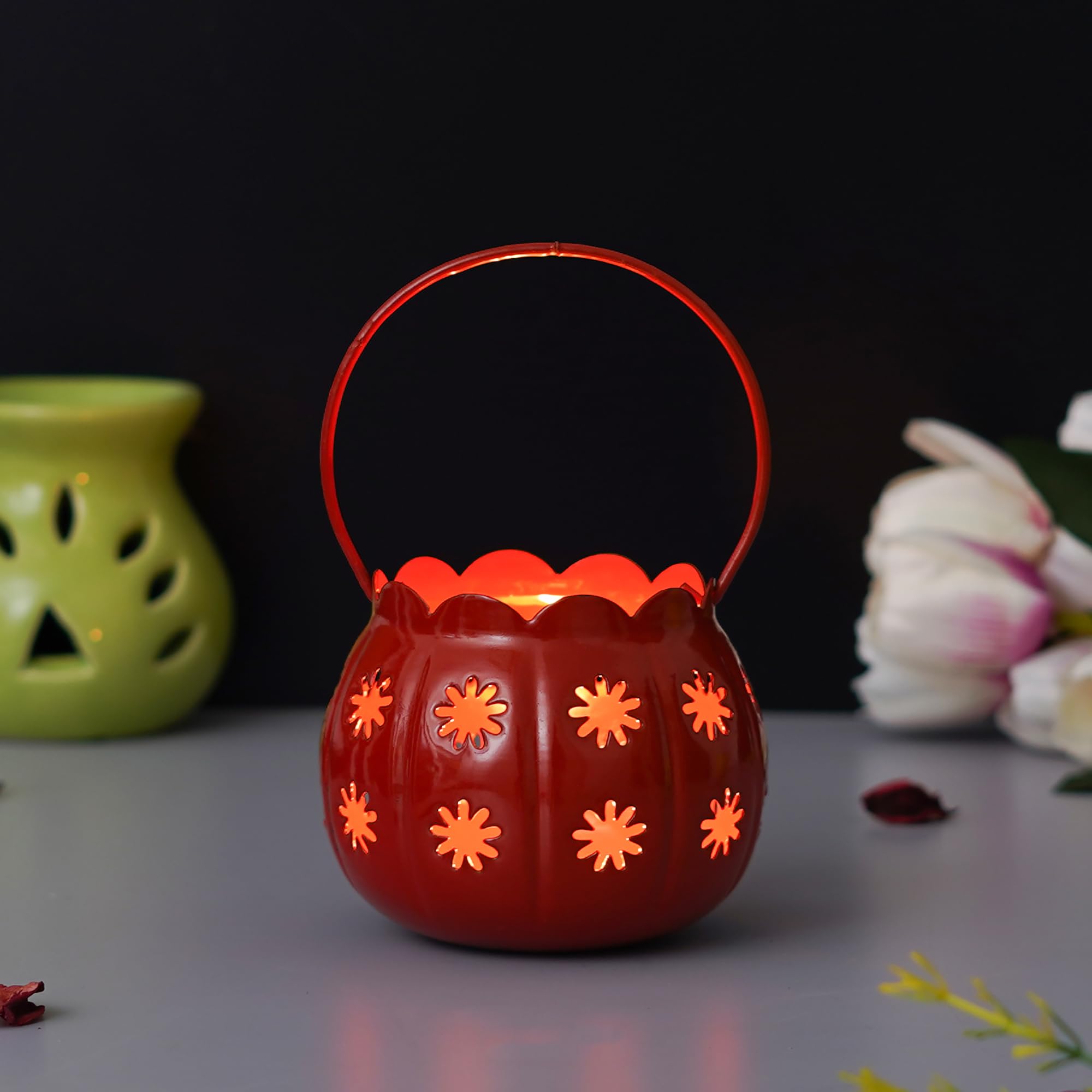 eCraftIndia Red Metal Cup Flowers Decorative Hanging Lanterns Tea Light Candle Holder- T Light Candle Holder - Christmas Diwali Gifts for Family Friends- Diwali Decoration Items for Home Decor-image-23
