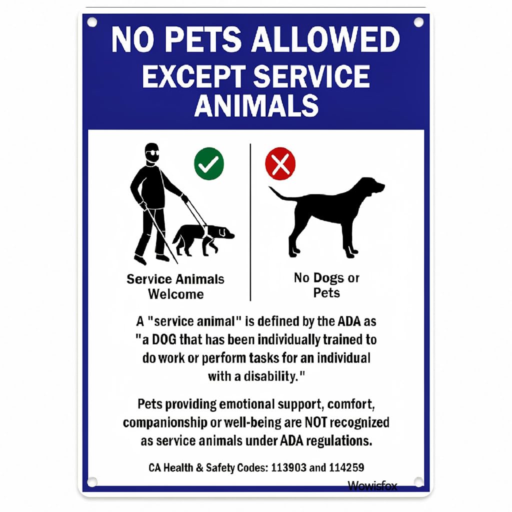 No Pets Except Service Animals Notice Sign, 8 x 12 Inch Aluminum
