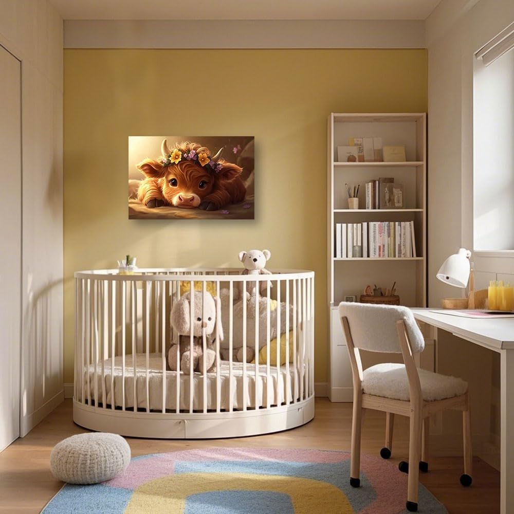 CXHOSTENT Cute Highland Cow Wall Art Nursery Animal Canvas Highland Cow Baby Picture Rustic Farmhouse Kids Room Bedroom Decor Framed (16.00" x 24.00")