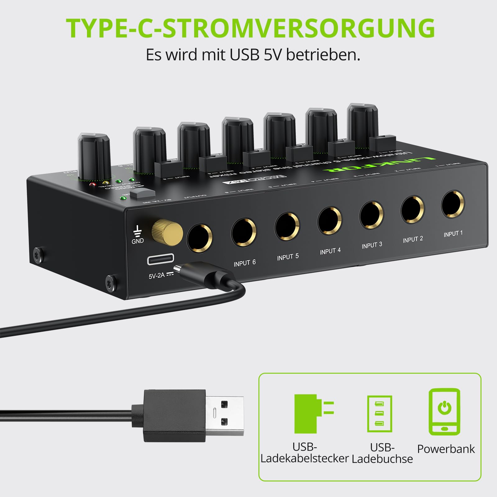 LiNKFOR 6 Kanal Mini Stereo Audio Mixer Ultrakompakter Audiomixer Unabhängige Lautstärkeregelung für Mischungen, DC 5V Type-C Mini-Audiomischer mit Netzteil Audiokabel - Ultra Niedrig Noise