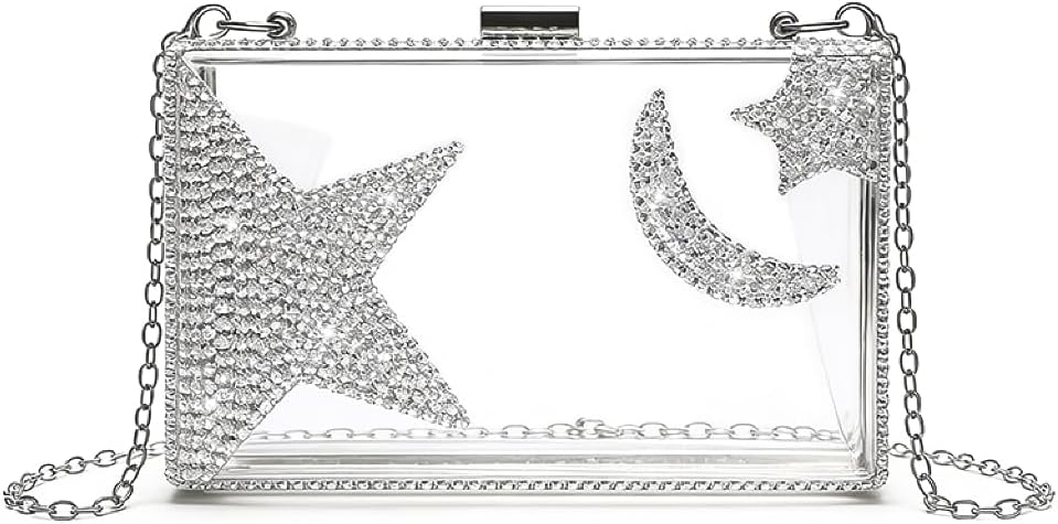 Ladies Clear Acrylic Moon and Star Rhinestone Chain Bag Sparkly Transparant Clutch Purse for Women Evening