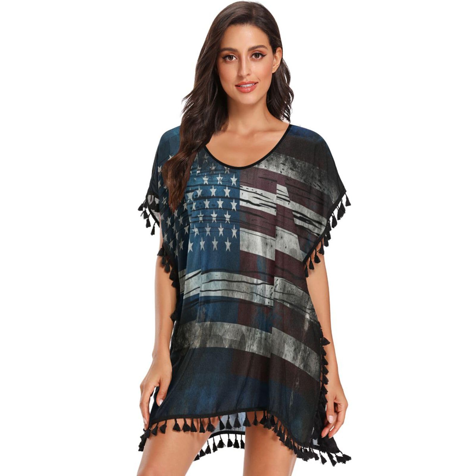 KAAVIYO Blue Black American War Flag Women's Beach Cover Up Chiffon Tassel Swimwear Swimsuit Coverups for Girl