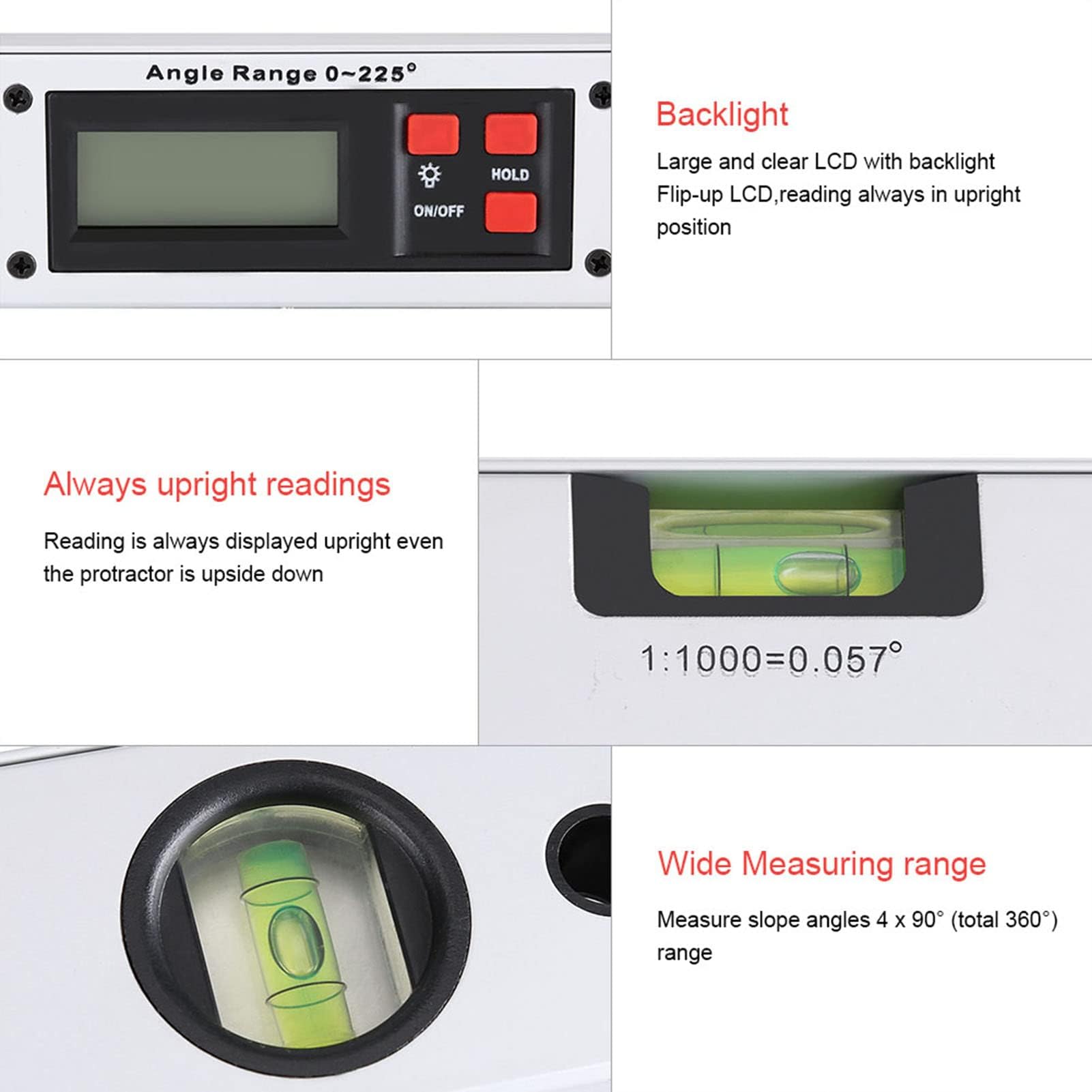 XHTLLO Digital Inclinometer Level Angle Gauge Finder, 360 Degree Range, Absolute Relative Measurement Modes, Backlit LCD Display, Practical Tool for Upright Readings