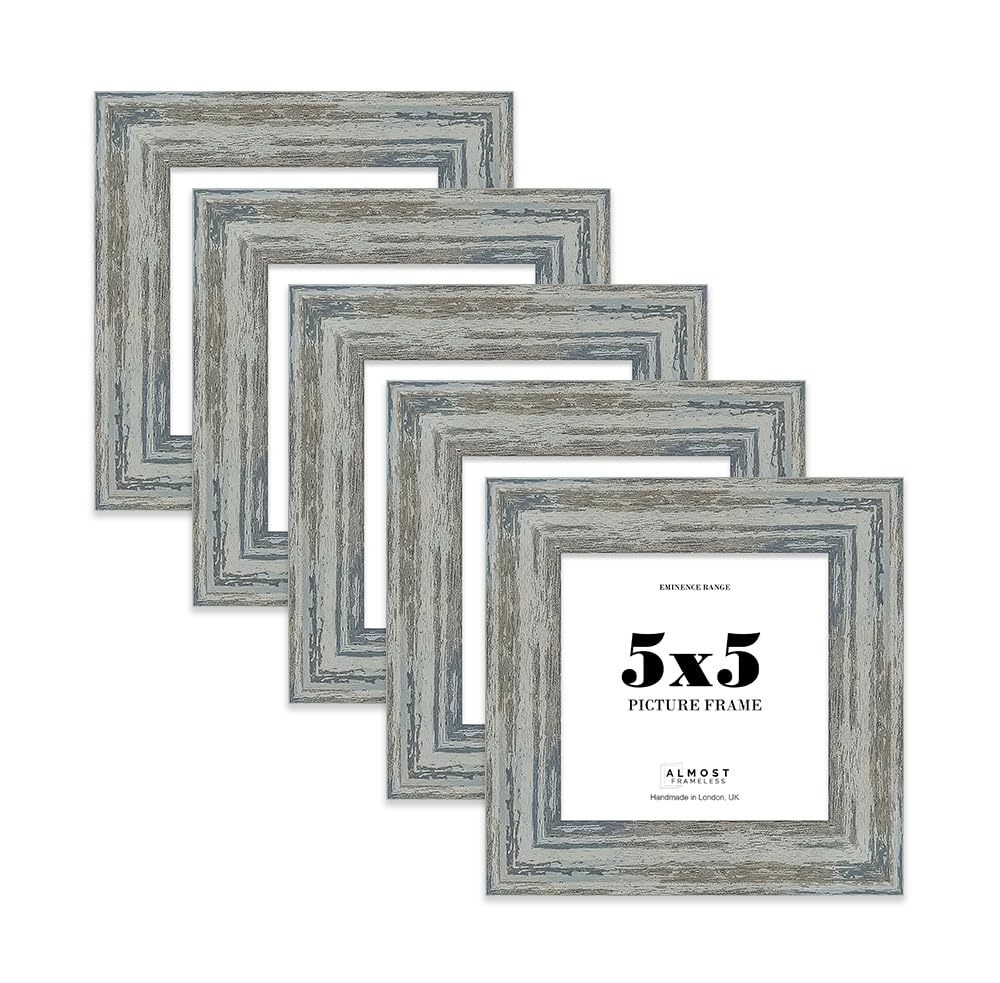 5x5 Distressed Blue Picture Frame - Rustic Wood Industrial Effect Photo Frame for Wall Display, Ideal for Posters, Prints & Home Décor, Wall Hooks and Kickstand, 32mm Edge - 5 Pack