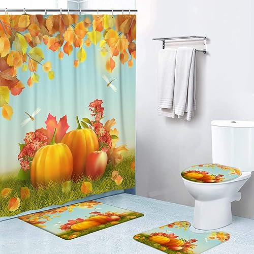 Juego de 4 cortinas de ducha con alfombras antideslizantes, cubierta para tapa de inodoro y tapete de baño, cortina de ducha impermeable con 12