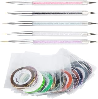 Nail Art Liner Brushes,DanziX 5 Pack Dual-ended Painting Nail Design Brush Nail Art Tool and Dotting Drawing Pen with 30 Pack Multicolor Mixed Rolls Striping Tape Line Decoration Sticker