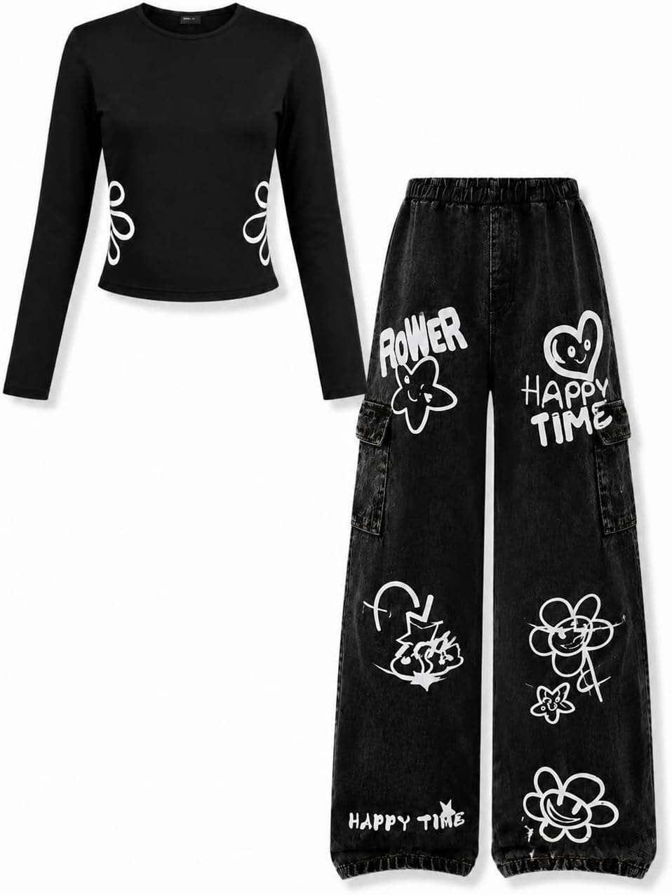Tween Girls Clothes 2 Piece Long Sleeve Top + Denim Cargo Pants, Teen Girls Fall Clothing Set, Sizes 7-16 Years