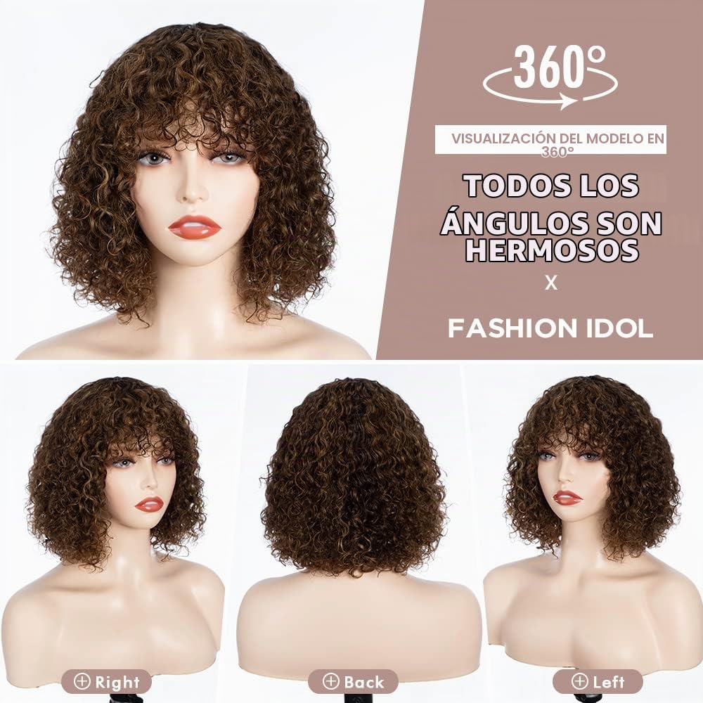 FASHION IDOL Bob Curly pelucas de cabello humano con flequillo Jerry Curl Bob pelucas de cabello humano brasileño virgen de cabello humano sin encaje pelucas delanteras para las mujeres