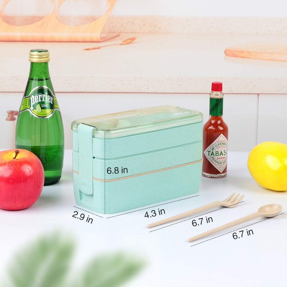 Ozazuco Bento Box Japanese Lunch Box,3-In-1 Compartment - Wheat Straw, Leakproof Eco-Friendly Bento Lunch Box Meal Prep Containers for Kids & Adults: Home & Kitchen