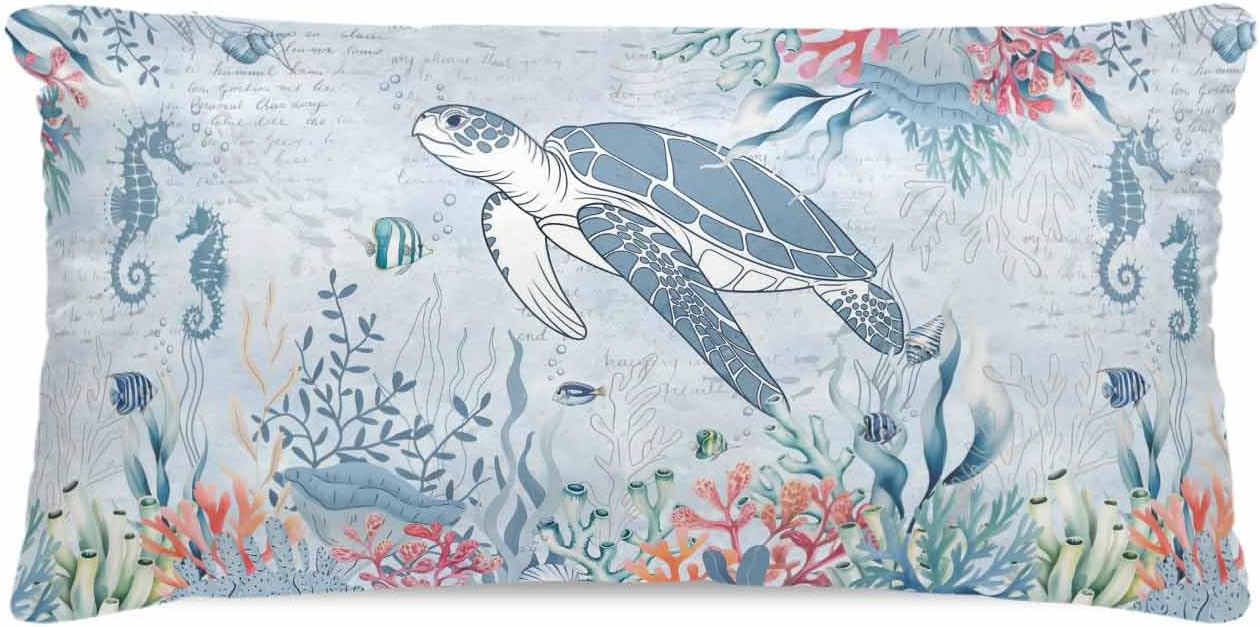 Blue Coastal Turtle Pillow Cases Cal King Size, Beach Nautical Smooth Satin Pillowcase for Hair and Skin, Ocean Coral Seahorse Decorative Cooling Bed Pillow Covers with Zipper, 20x40 Inches