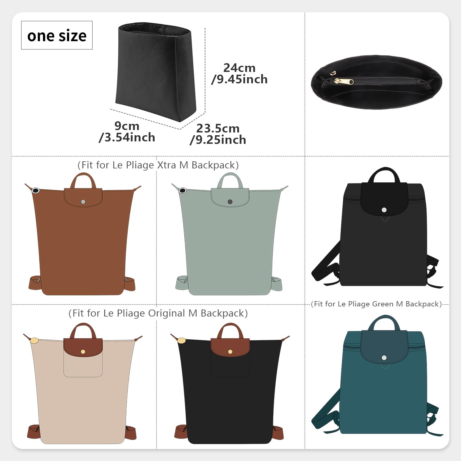 CRAZYSMITH Upgraded Backpack Organizer Insert Compatible with Longchamp Organizer Insert, Dupont Paper Inner Fit for Le Pliage Xtra/Original/Green M Backpack (Black, M)