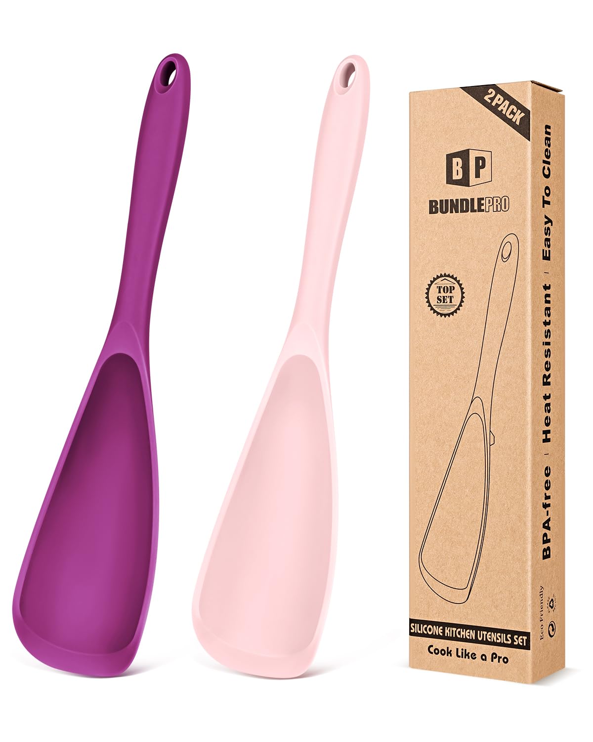 Pack of 2 Cooking Spoons for Non Stick Cookware, Multifunction Spatula Spoon BPA-Free, One-Piece Design, Suitable for Scooping, Scraping, Serving and Mixing (PINK-PURPLE)