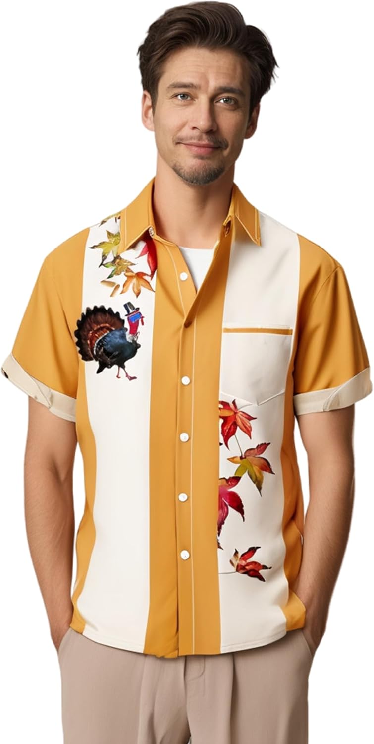 Mens Thanksgiving Shirt Turkey Print Short Sleeve Hawaiian Bowling Casual Button Down Shirts - Image 2
