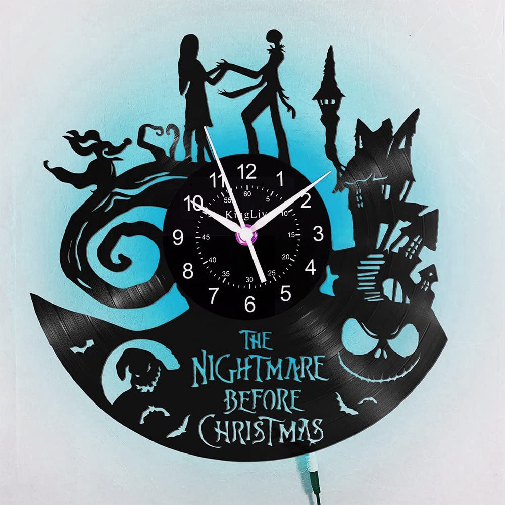 Orologio da Parete in Vinile, Orologio a Tema Natalizio Nightmare Love con Funzione di Luce Notturna a LED a 7 Colori, 30 cm x 30 cm, Nero