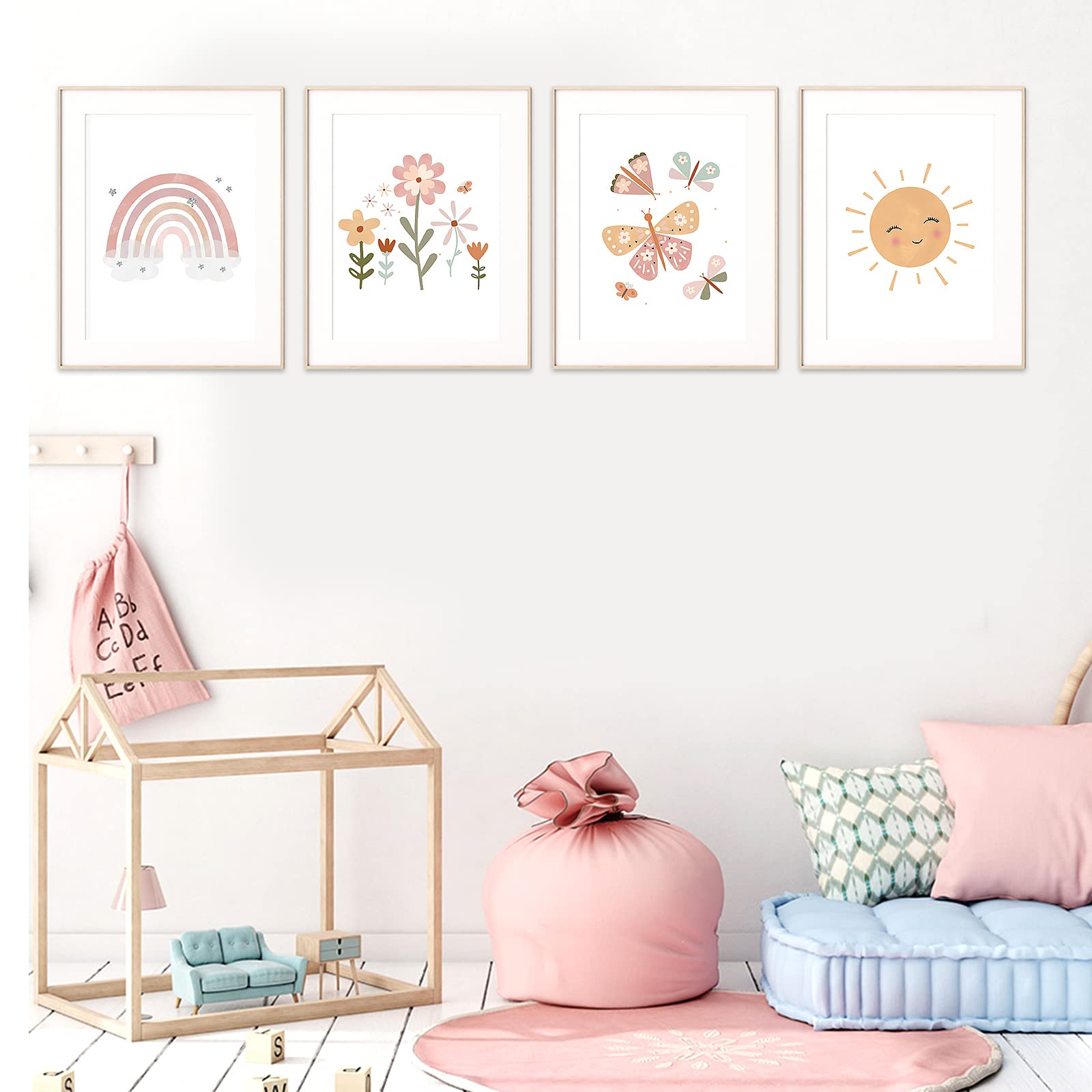 Vegena Lot de 4 tableaux pour chambre d'enfant et fille,Décoration pour chambre d'enfant,Arc-en-ciel soleil, nuage, fleurs et papillons,Décoration murale pour chambre de bébé,DIN A4,Décoration bohème