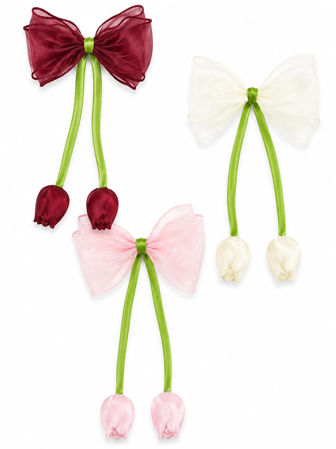 Organza Bow Hair Clip with Tulip Design/Strong Grip Alligator Clip/ 25 cm Long/for Women and Girls/Suitable for Every Occasions/Pack of 3 (Burgundy Rose Ivory Pearl Blush Pink.)-image-48