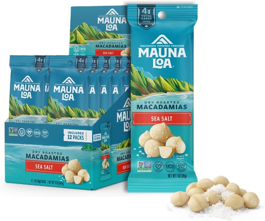 Mauna Loa Premium Hawaiian Macadamia Nuts, Hawaiian Sea Salt Flavor, Snack Mac Mini Pouches, Single Serve 1 Oz Bags (Pack of 12)