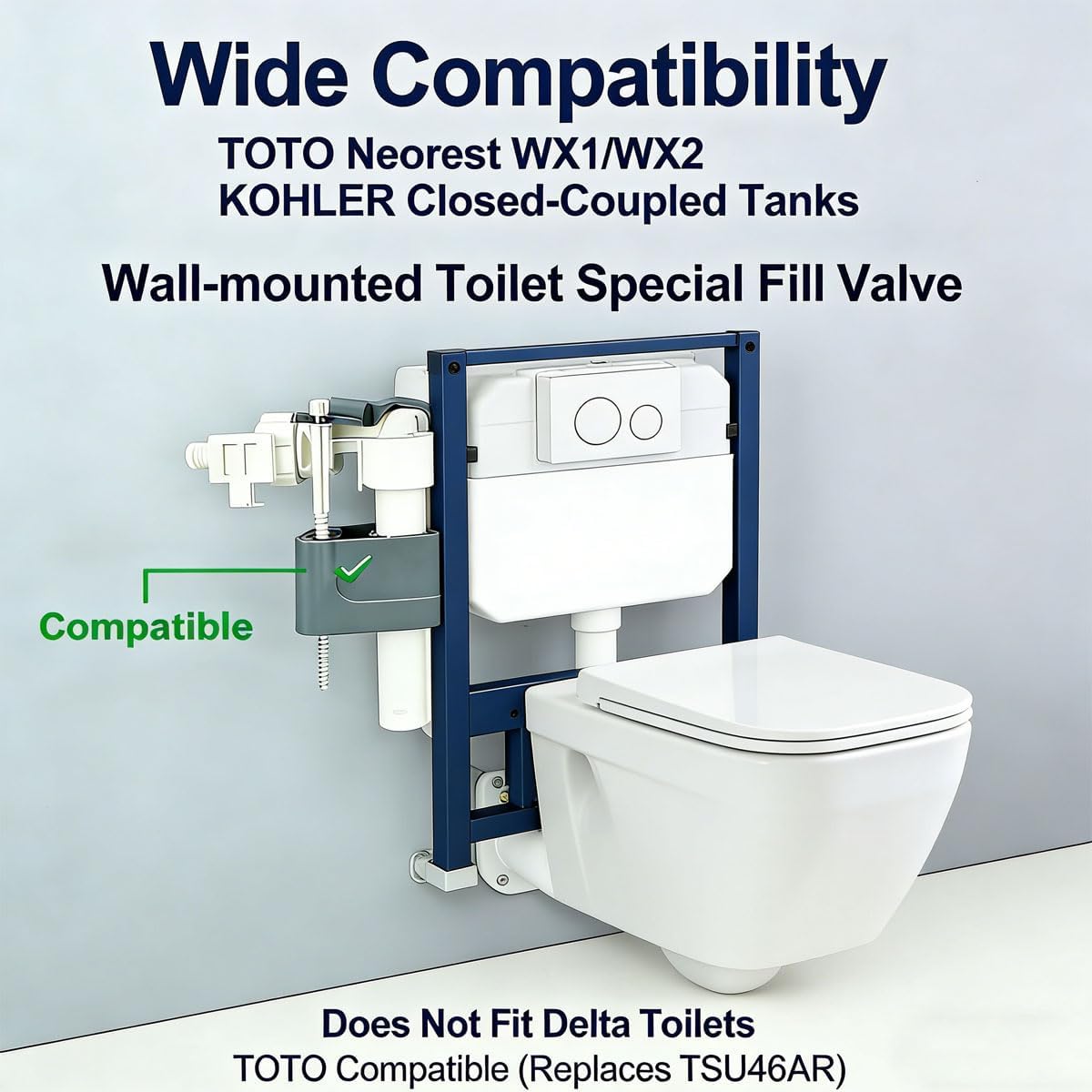 Toilet Fill Valve Replacement Kit for TOTO Wall Hung Tank (3/8" Side Mount) Flow Water Inlet Valve Compatible with Neorest WX1/WX2, WT172M & Kohler Fixes Leaks & Slow Filling (Not for Delta)