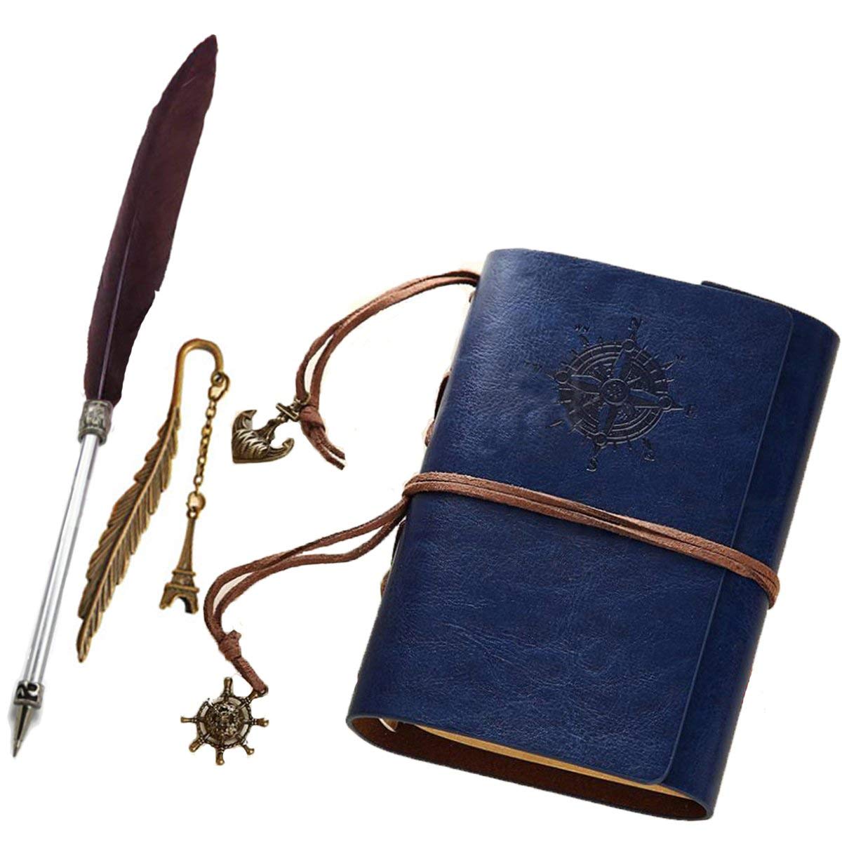 Refillable PU Leather Journal Notebook with Special Feather Ballpoint Pen and Bookmark, Unlined Paper Travel Diary Jotter, Handmade Leather Notepad, Vintage Art Sketchbook, Punk Cover (Blue)