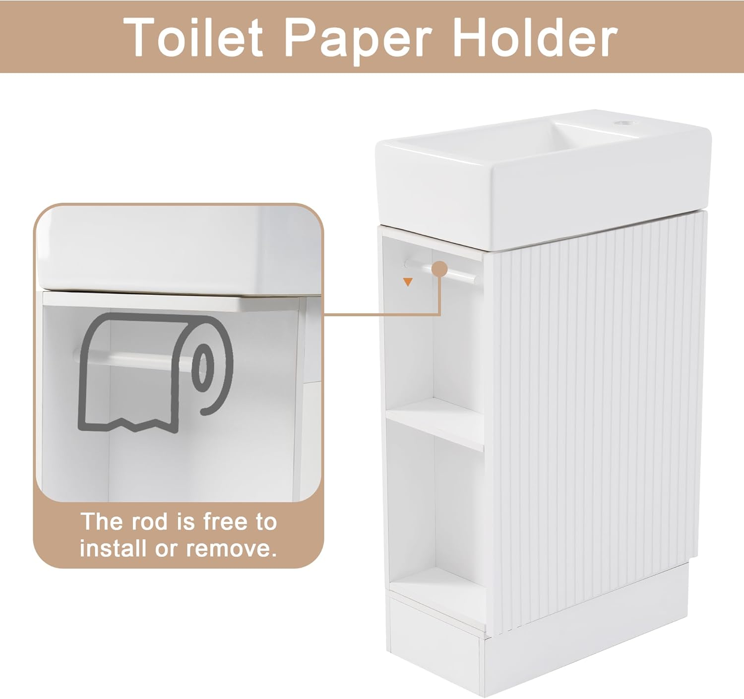 Favfurish 18.6" Bathroom Vanity with Ceramic Sink,Undermount Single Basin Bath Vanity Set w/2-Tier Open Shelf & Toilet Paper Holder,Left/Right Orientation,Freestanding Storage Cabinet,White