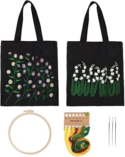 2Pack DIY Canvas Tote Bag Embroidery Kit,Black Canvas Bag Flower Cross Stitch Kit with Pattern and Instruction Personalized Bag Funny Hand Needlepoint Kit Include Hoops Color Threads and Needles