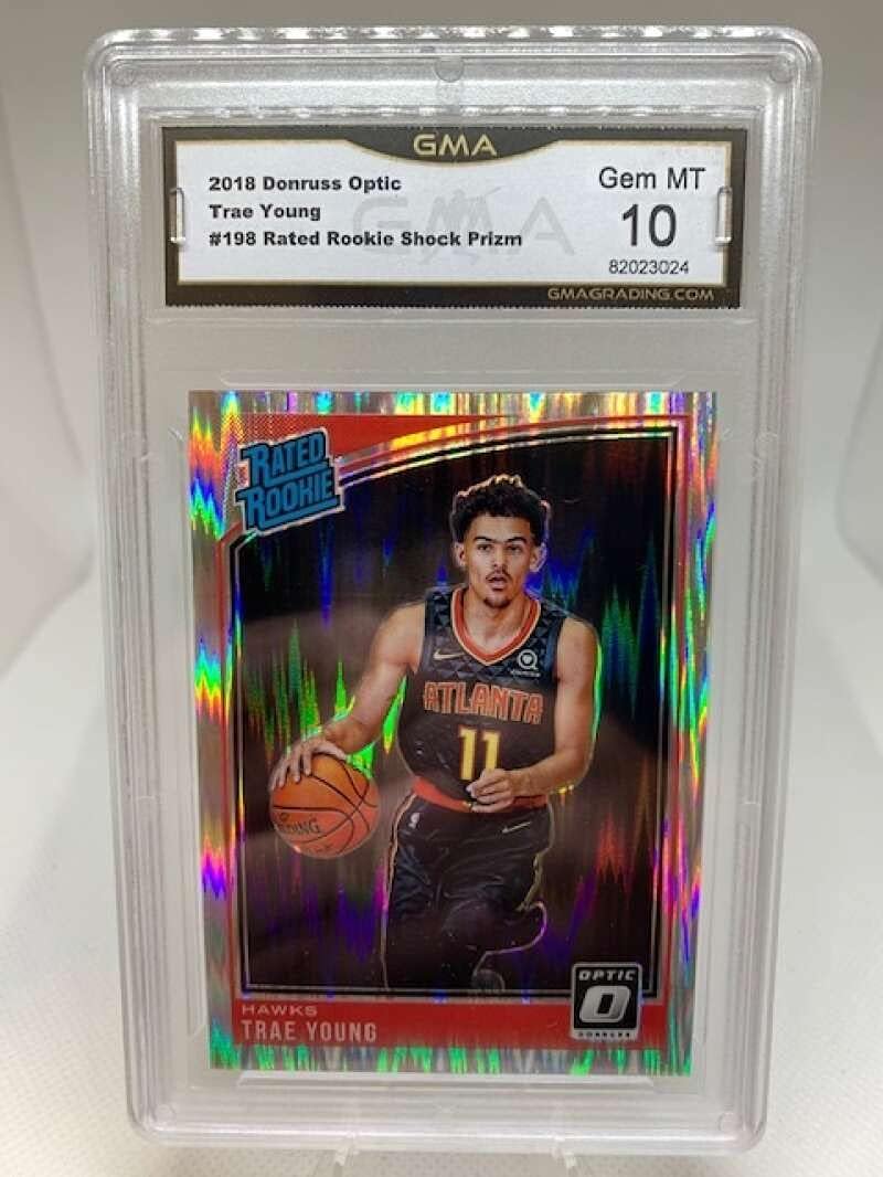 GMA Gem Mint 10 - #82023024 2018-19 Donruss Optic Rated Rookie Shock - #198 Trae Young Atlanta Hawks Professionally Graded NBA Basketball Trading Card.