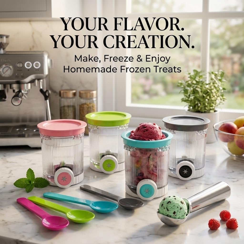 CREAMi Pints with Lids, NC 700 Series 4 Pack Ice Cream Containers Compatible with CREAMi, Reusable Pint Cups with Lids for Homemade Ice Cream, Sorbet, Gelato & Frozen Treats, Includes Ice Cream Scoop