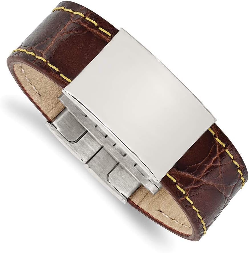 Solid Stainless Steel Men's Brown Leather/Yellow Stitch ID Bracelet Engravable Identification Name Bar Tag 8.5"