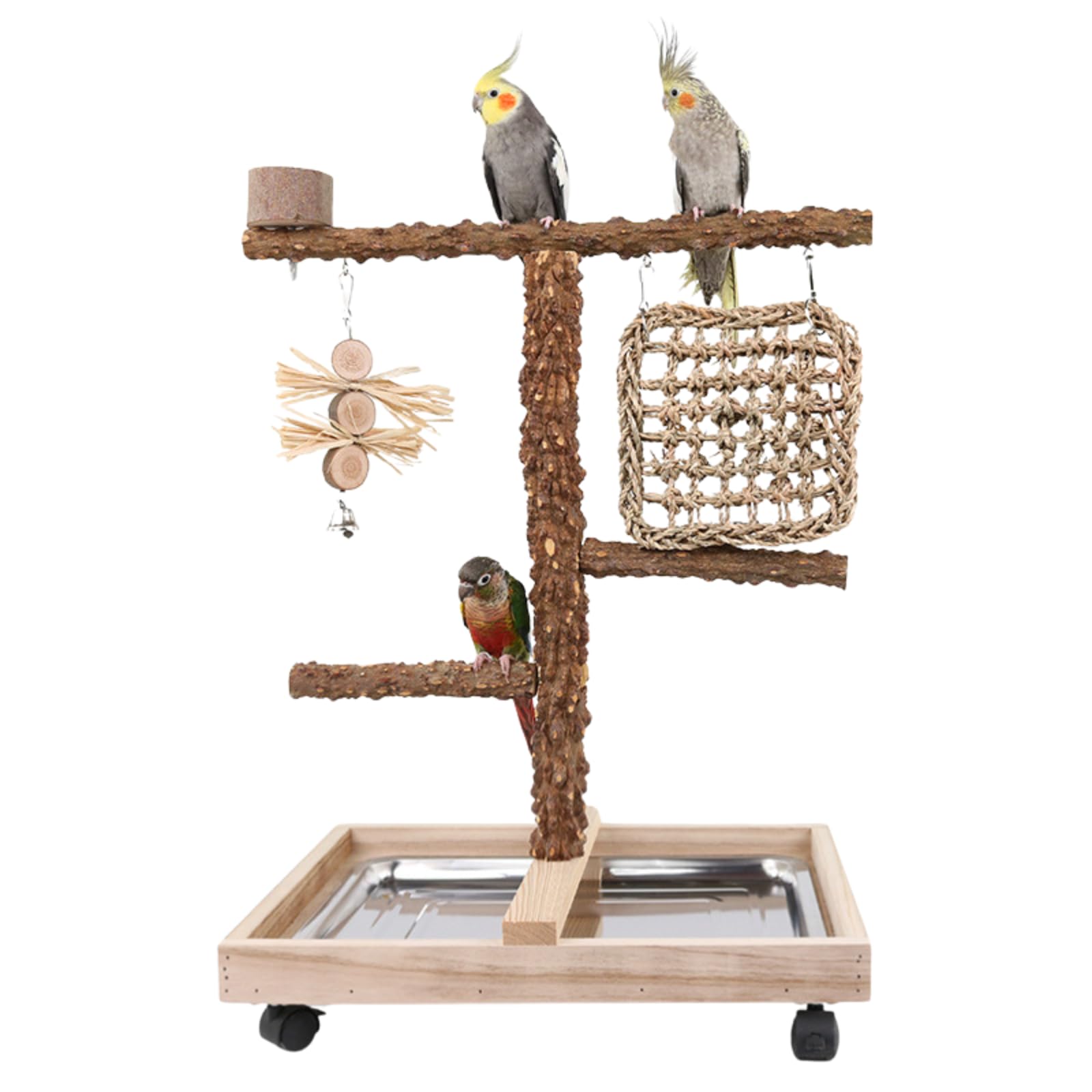 Natural Wood Parrot Stand - Ideal Toy & Accessory for Parakeets, Canaries, Cockatiels, Conure, Lovebirds - Bird Perch Stand with Removable Tray