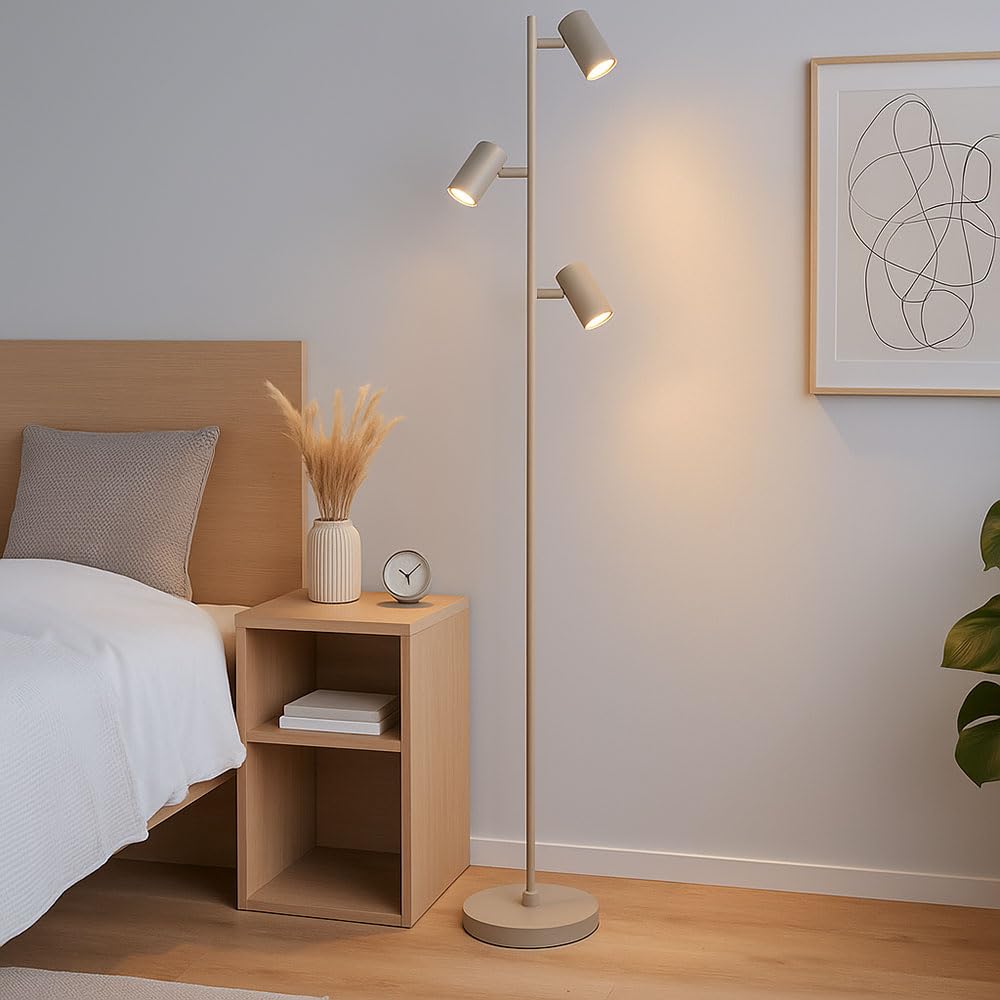 Stehlampe Standleuchte 3 Leuchten schwenkbare Stehlampe Stehleuchte Wohnzimmer sandfarben weiß 3 Flammig, Metall, 3x GU10, DxH 23x154 cm
