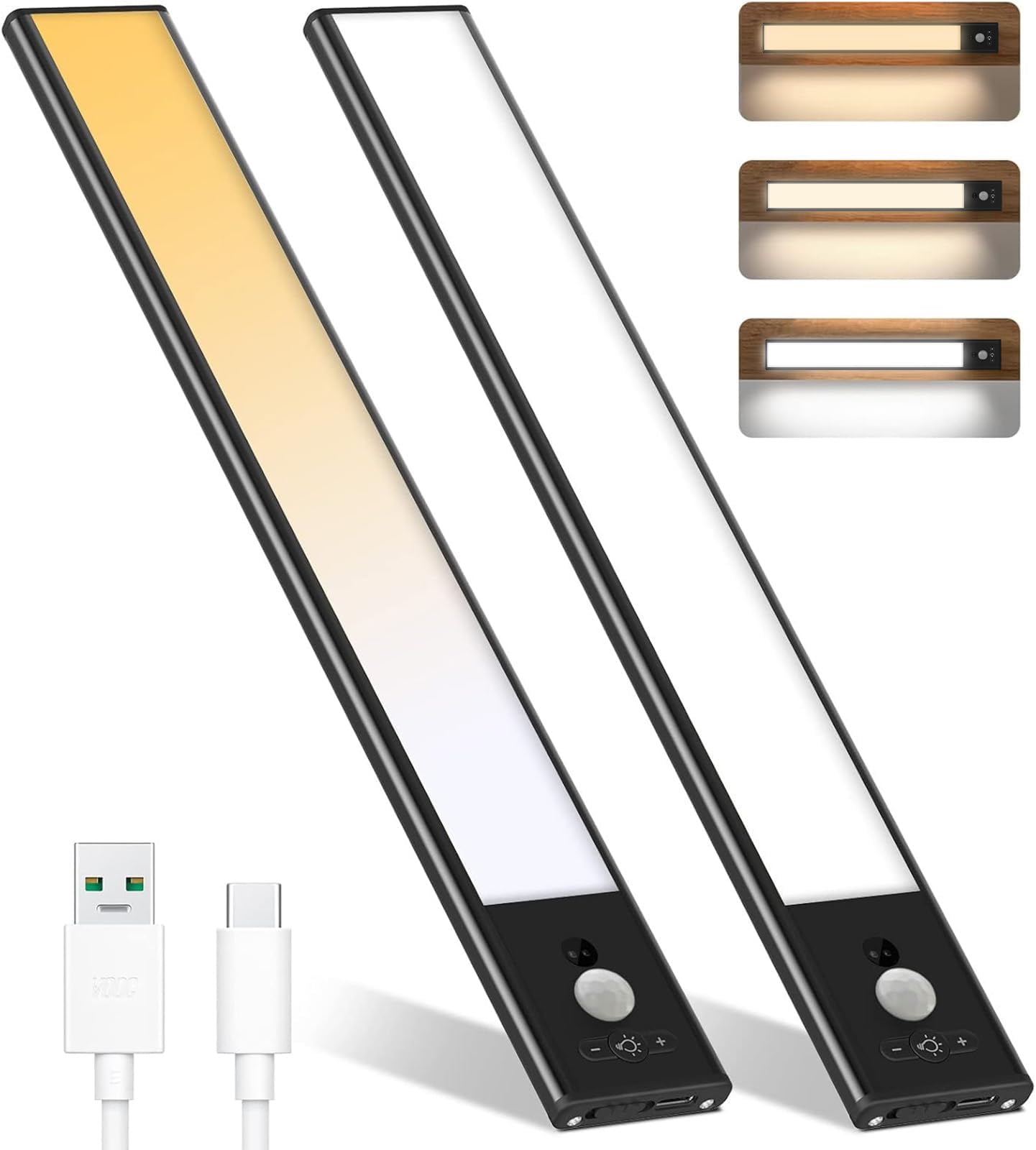 Under Cabinet Lights, Motion Sensor Lights Indoor, Rechargeable Under Counter Lighting, Wireless Magnetic Closet Lights, 3 Color Temperatures, for Kitchen, Wardrobe, Closets, Cupboard(Black)