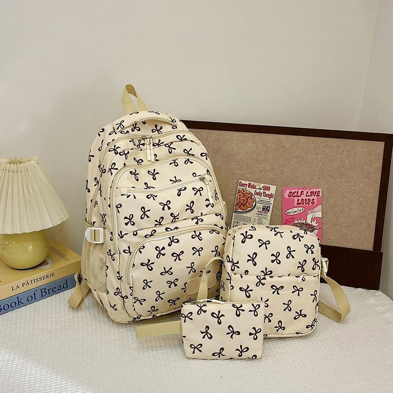 Bow Backpack for Women, Coquette Aesthetic Nylon Rucksack, Cute Kawaii Backpack Set, Bow Rucksack (White)4