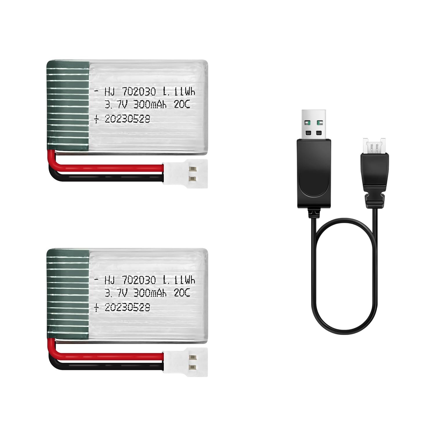 2 Pcs 3.7V Lipo Battery, 300 mAh Rechargeable Lithium Polymer Battery for RC Plane Helicopter Drone All Models & Toys (XH2.54 Connector)