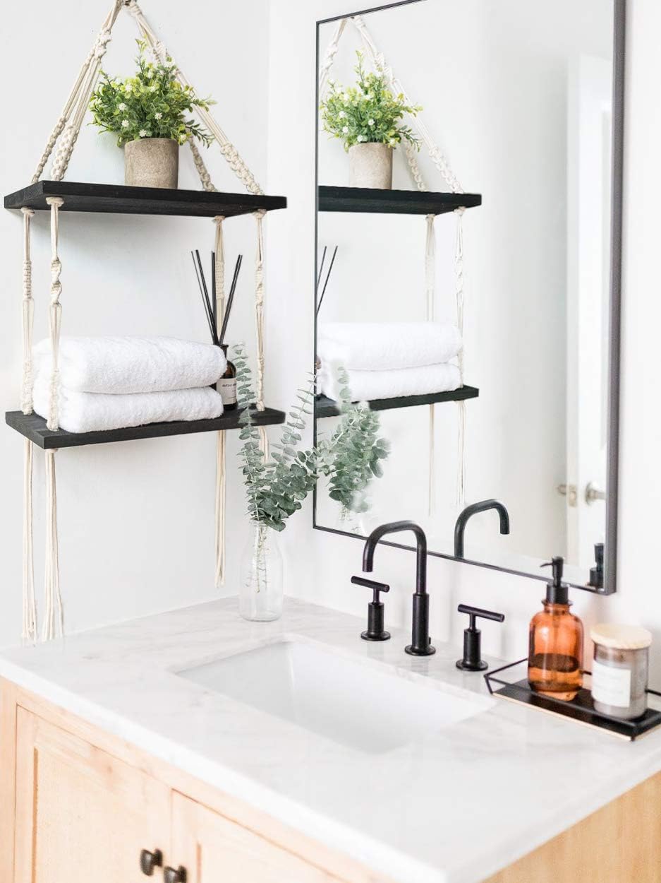TIMEYARD Macrame Shelf Hanging Shelves, Black Wall Shelves with Woven Hanger, Boho Shelves Wall Decor for Bedroom, Living Room, Bathroom, 2 Tier Rope Wood Floating Shelf for Photo Frames, Small Plants