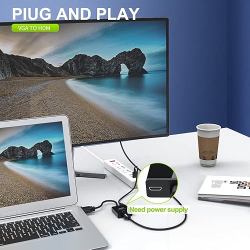 Vista 9 de ONTEN Adaptador VGA a HDMI, 1080P (macho a hembra) para computadora, escritorio, portátil, PC, monitor, proyector, HDTV con cable de audio y cable 1