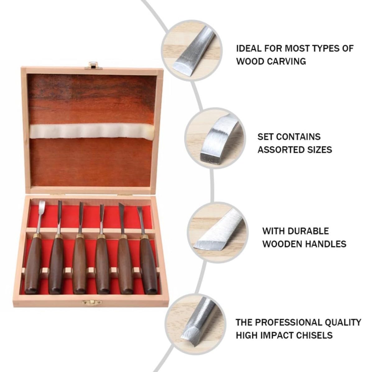 6 Pezzi Scalpello da Intaglio Legno Scalpello per Legno Manico in Noce Acciaio al Manganese e Falegnami Professionisti
