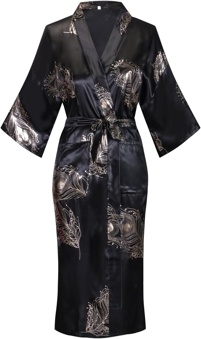 Women's Long Floral Satin Robes Imitation Silk Sleepwear Bridal Dressing Gown for Bridesmaid Nightgown