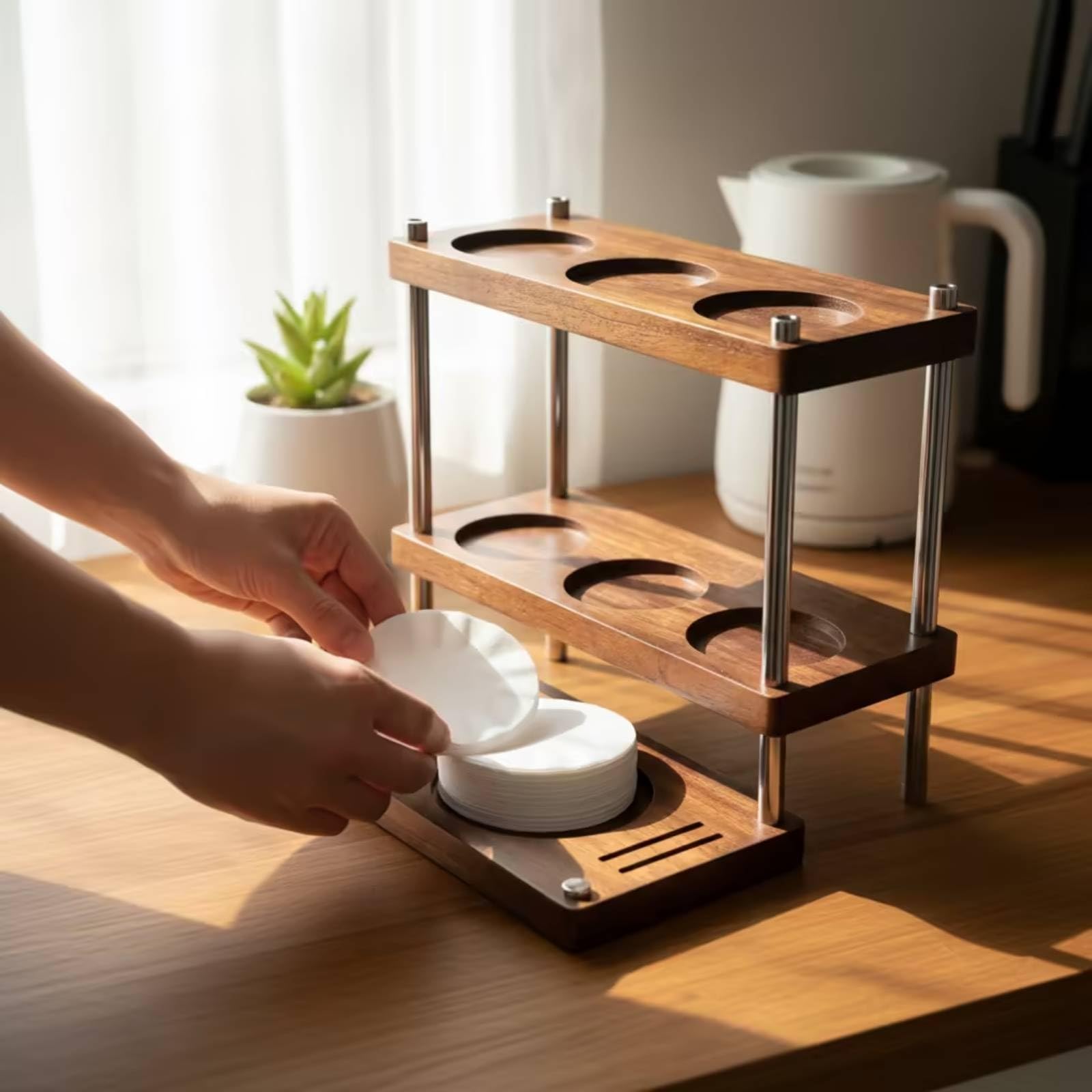 Colcolo Portacaffè in Legno E Struttura in Acciaio Inossidabile Espositore a Più Livelli con Supporti Antiscivolo per Utensili Adatto per Angolo Colazione E , 24 26 22cm , style to 3