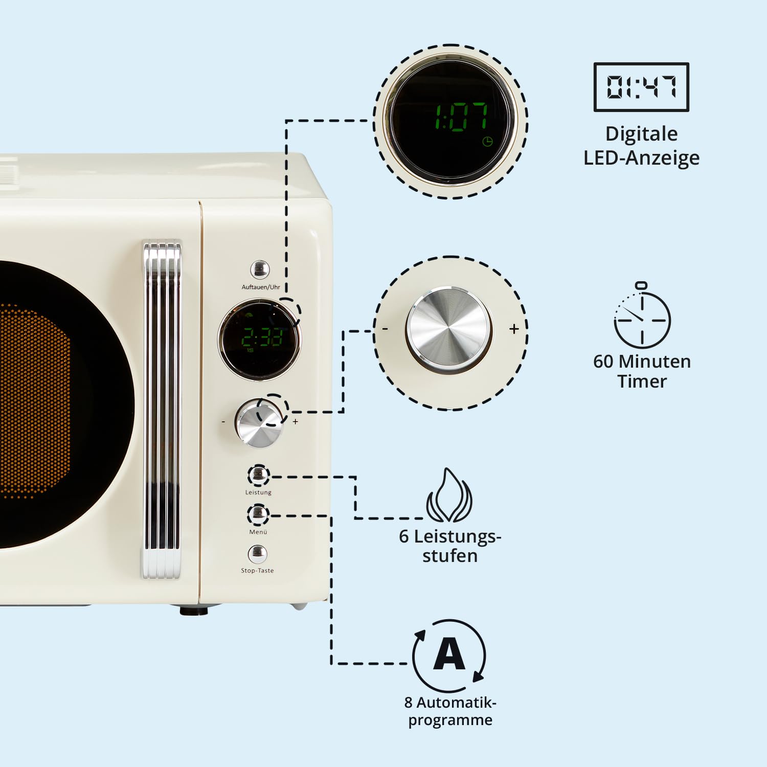 KHG Mikrowelle MW-20R2(C) 20L aus Metall in creme, 8 Automatikprogramme, 6 Mikrowellenleistungen, bis 1.200 Watt, inkl. LED-Anzeige, 60-Minuten-Timer, Drehteller und Kindersicherung