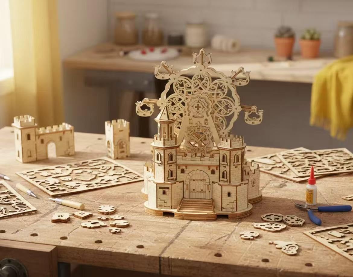 3D Wooden Puzzle Castle & Ferris Wheel with Music Box - Adult DIY Craft Kit, Mechanical Model Building Set for Teens & Adults, Home Decor Desk Art, Stress Relief Gift
