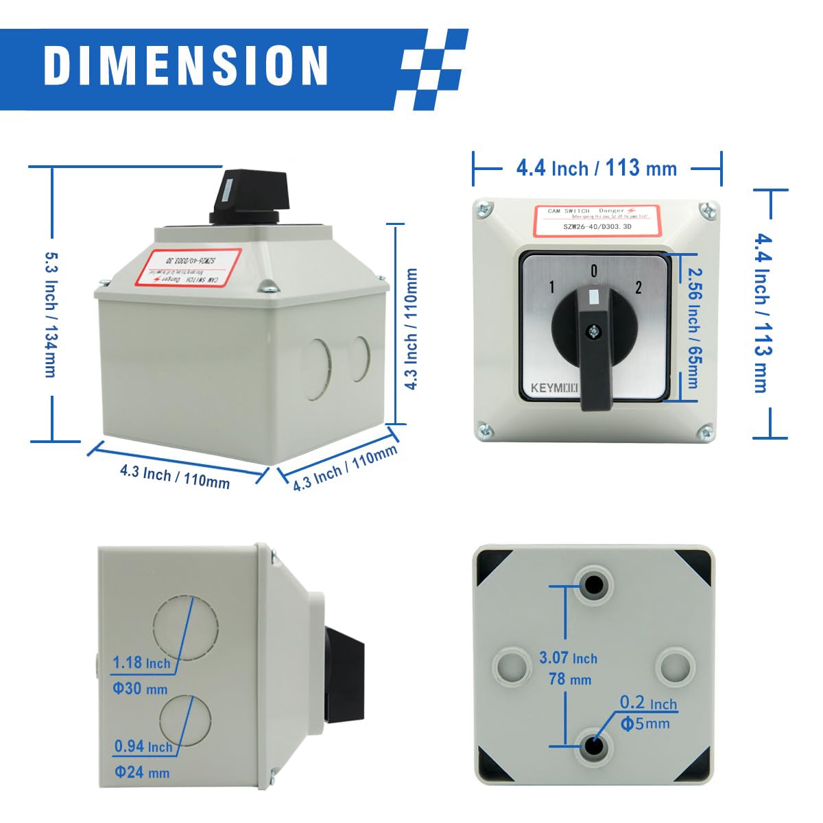 40A Rotary Changeover Switch With Exterior Box, 3 Position 3 Phase 12 Terminals, Universal Selector With AWG 12-10 Yellow Terminals, Cam Box IP65 40/D303.3D