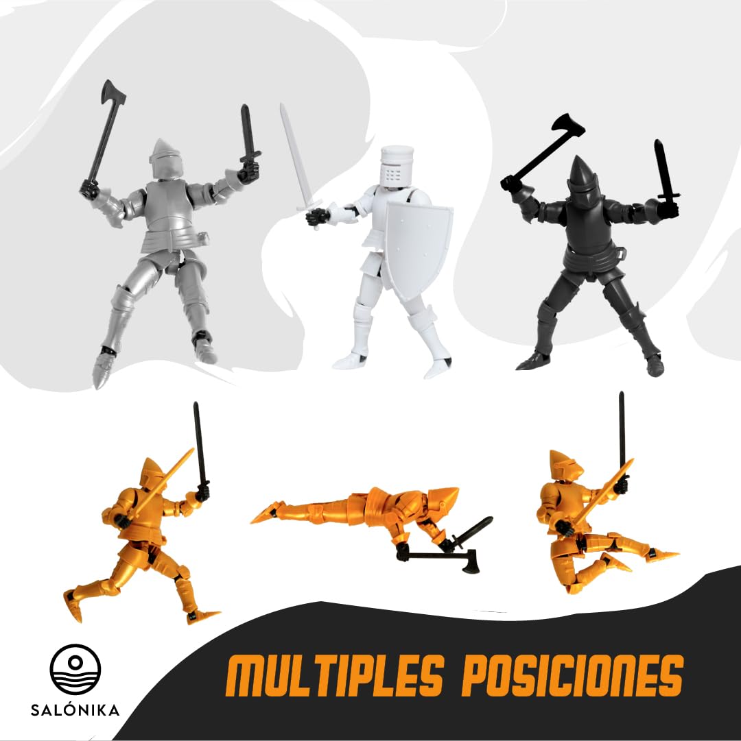 SALONIKA T13 Action Figure, Dummy 13, Figura De Accion, Caballero Medieval, Set de 2 Figuras, 15 Articulaciones, 8 Accesorios, Dorado y Plata (Blanco y Negro)